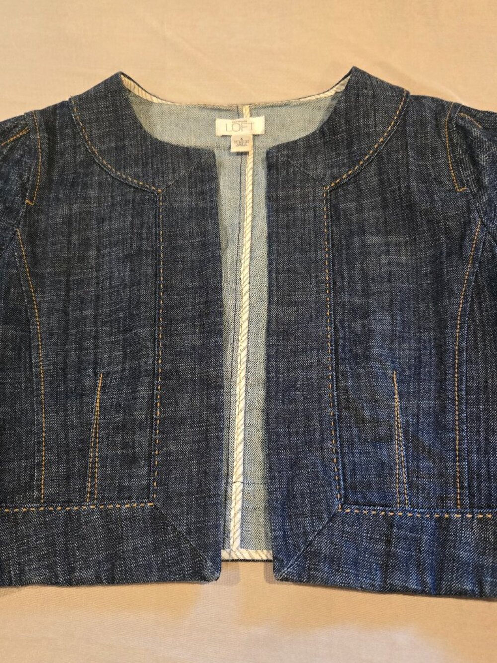 LOFT Cropped Collarless Denim Jacket Blue Jean Blazer Open Front Size 6 - Picture 8 of 15